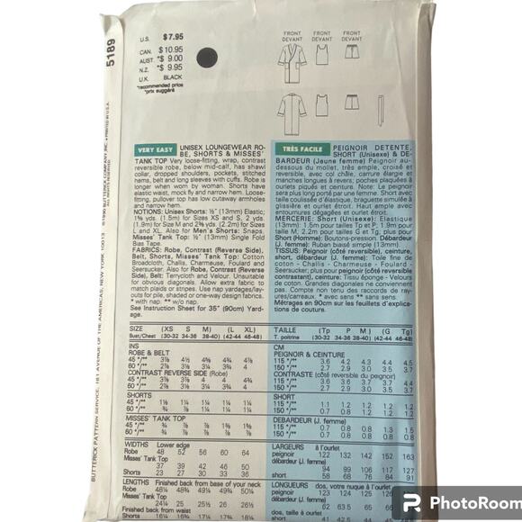 Butterick 5189 Pattern Top Unisex Lounge Robe Shorts Miss XS - M Very Easy - Picture 4 of 5